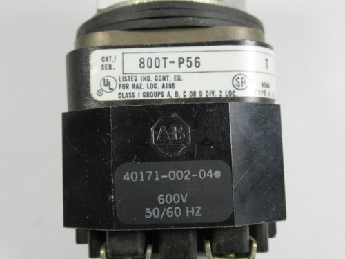 Allen-Bradley 800T-P56W Series T Pilot Light 600VAC 50/60Hz White Lens USED