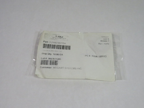 Able Seal 2-216S700-FDA Silicon O-Ring 28.17mm ID 35.23mm OD 10-PK ! NWB !