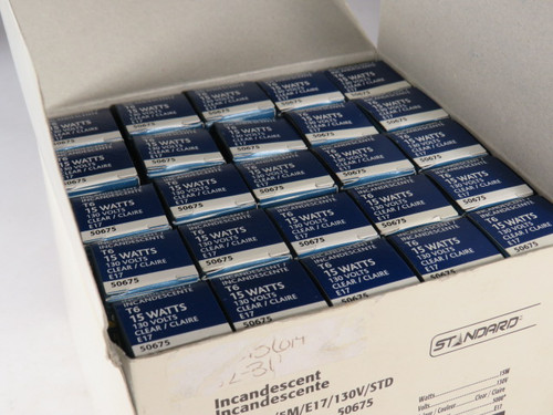Standard 50675 Clear Incandescent T6 Bulb E17 Base 15W 130V 25-Pack ! NEW !