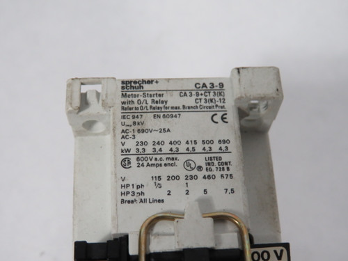 Sprecher + Schuh CA3-9-10-500/575V Contactor 500V@50Hz 575V@60Hz 1NO USED