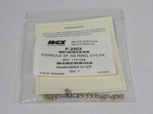 IDEX P-250X Flangeless Ferrule w/SST Ring 1/4-28 for 1/16" OD Natural 10-Pk NWB