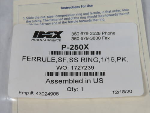 IDEX P-250X Flangeless Ferrule w/SST Ring 1/4-28 for 1/16" OD Natural 10-Pk NWB