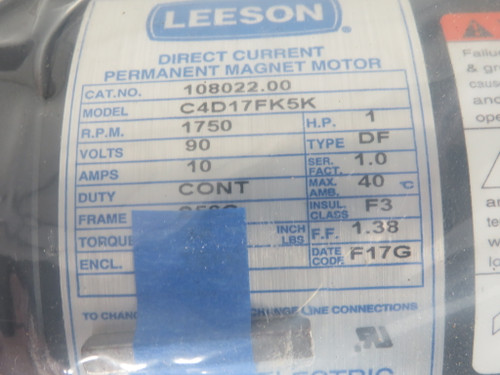 Leeson Permanent Magnet Motor 1HP 1750rpm 90VDC S56C TEFC 5/8" Shaft NEW