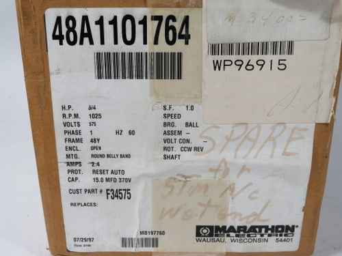 Marathon Blower Motor 3/4 HP 1025 RPM 575V 48Y Open 1Ph 2.4FLA 60Hz NEW