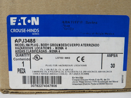 Eaton Crouse-Hinds APJ3485 Arktite APJ Plug 30A 600VAC/250VDC 3W 4P SEALED NEW