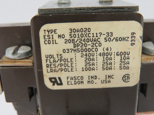 Danfoss DP20-2C0 Definite Purpose Contactor 30A020 208/240VAC 50/60Hz 2P USED
