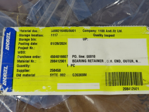 Andritz 208412901 Bearing Retainer NWB