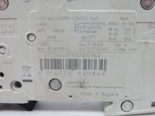 ABB SU201M-C15 2CDS271337R0154 Circuit Breaker 15A 277VAC 50/60Hz 1P USED