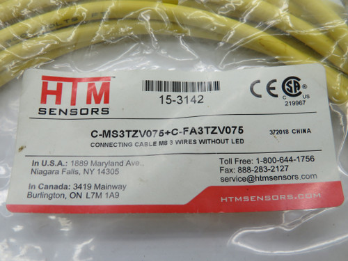 HTM C-MS3TZV075+C-FA3TZV075 Double Ended Cable M8 3Pin 4A 60AC 75DC 5m 24AWG NWB