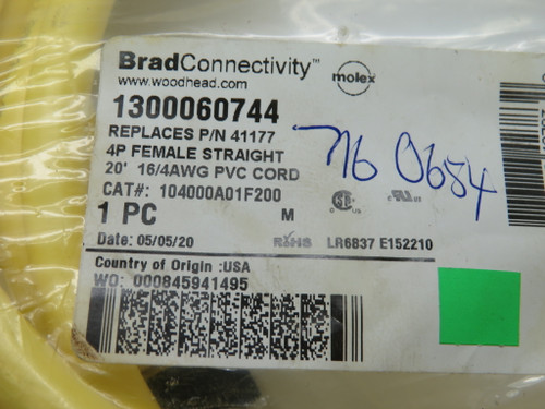 Brad Harrison 1300060744 4P Female Straight Cord Assy 20' WRITING ON LABEL NWB