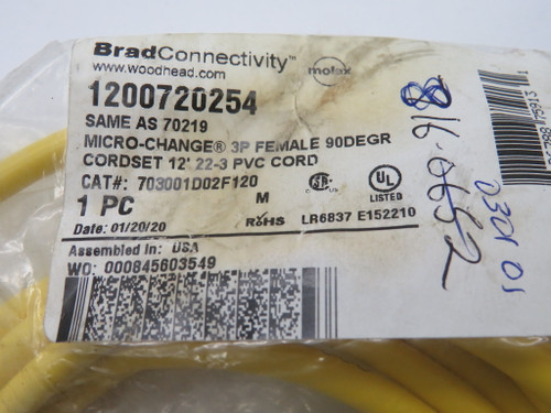 Brad Harrison 1200720254 90DEG Female Cordset 3P 12' WRITING ON LABEL NWB