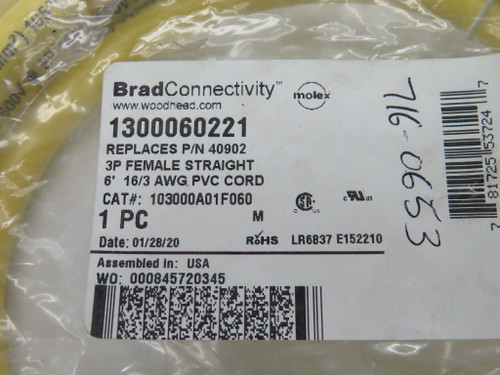 Brad Harrison 1300060221 3P Female Straight Cordset 6' WRITING ON LABEL NWB