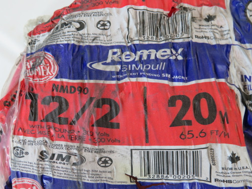 Southwire NMD90 12/2 20M ROMEX Cable 12AWG 2 Conductor 20m L Red PACKAGE DMG NWB