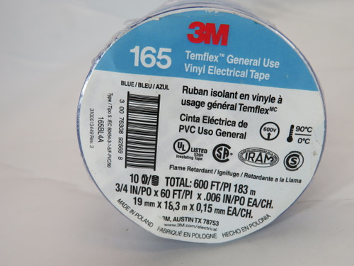 3M 165BL4A Blue Temflex Vinyl Electrical Tape 3/4"W 60'L .006"Th 165 10-Pk NWB