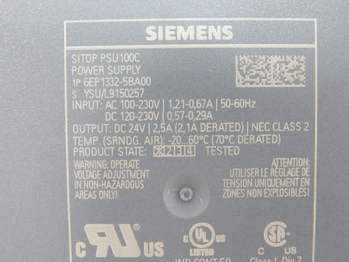 Siemens 6EP1332-5BA00 Power Supply Out:24VDC 2.5A In:100-230VAC 1.21-0.67A USED