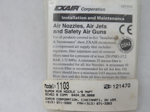 Exair 1103 Zinc Aluminum Super Air Nozzle 1/8" MNPT 10 scfm NWB