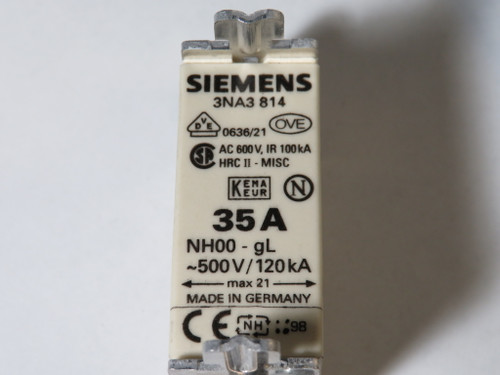 Siemens 3NA3814 LV HRC Fuse 35A 500V USED