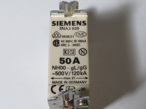 Siemens 3NA3820 LV HRC Fuse 50A 500V USED