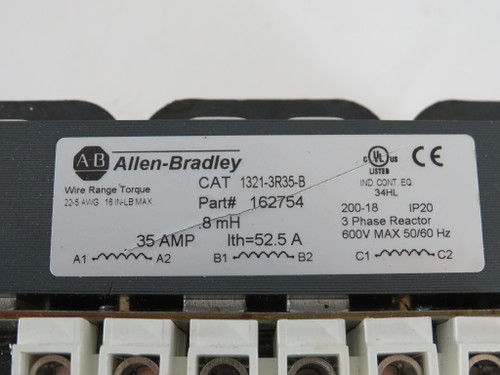 Allen-Bradley 1321-3R35-B Line Reactor 35A lth:52.5A .8mH 3Ph 600V 50/60Hz USED