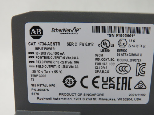 Allen-Bradley 1734-AENTR Series C Dual Point Ethernet IP Adapter 5VDC .8A USED
