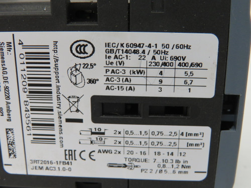 Siemens 3RT2016-1FB41 Contactor 22A 24VDC 4kW 400V 1NO 3Pole USED
