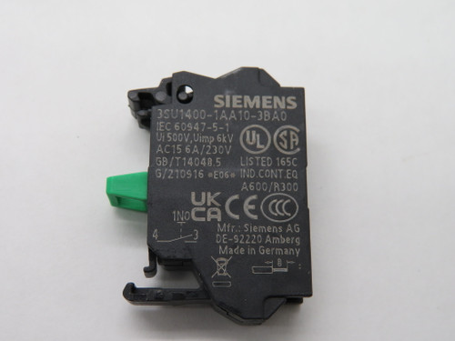 Siemens 3SU1400-1AA10-3BA0 Push Button Contact Block 1NO 500V AC15 6A 230V USED