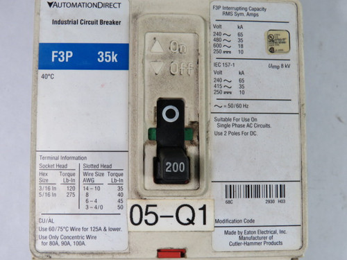Automation Direct F3P-35K Circuit Breaker 200A 600VAC 3-Pole USED