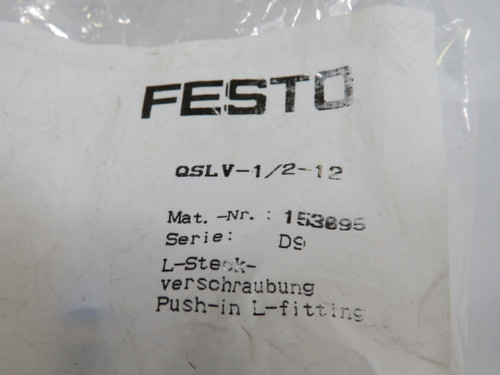 Festo 153095 QSLV-1/2-12 Push-In L-Fitting R1/2" Thread 12mm Tube OD NWB