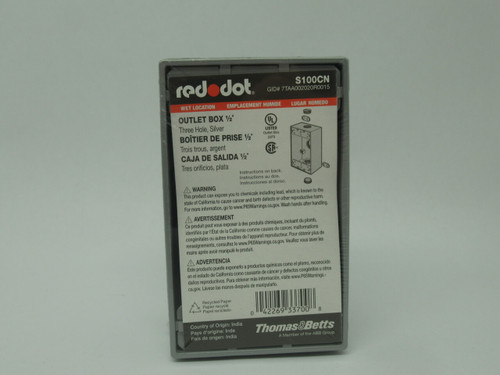 Thomas & Betts S100CN Red Dot Outlet Box 1/2" 3 Hole Silver NEW