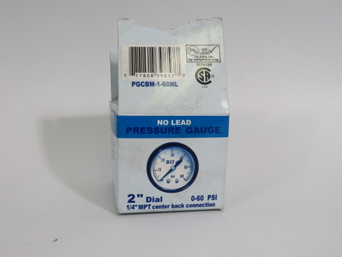 BII PGCBM-1-60NL 2" Dial Pressure Gauge 0-60Psi 1/4"MPT Back Connection NEW