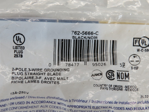 Leviton 5666-C Straight Blade Plug 15A 250V 3W 2P NWB