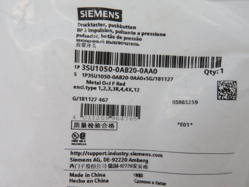 Siemens 3SU1050-0AB20-0AA0 Metal Red Momentary Push Button Operator NWB