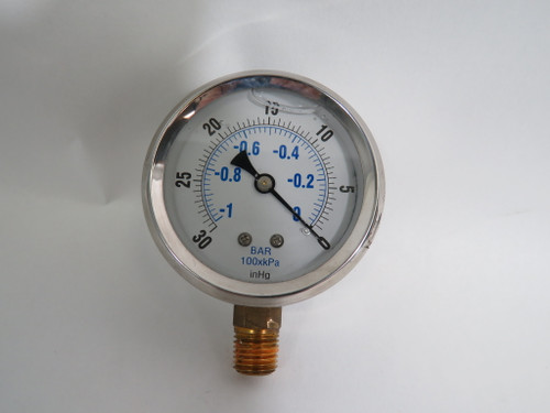 Generic Liquid Filled Pressure Gauge 30-0INHG -1~0 bar 100XkPa 1/4" NPT USED