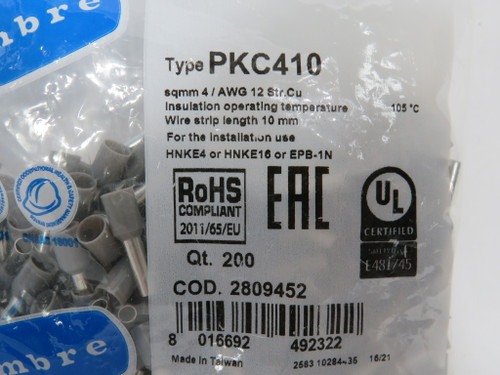 Cembre 2809452 PKC410 Grey Insulate End Sleeve 4/AWG 200-Pack NWB