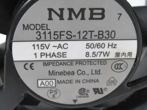 Minebea 3115FS-12T-B30-A00 Axel Fan 115VAC 50/60Hz 1Ph 8.5/7W 80x38mm USED