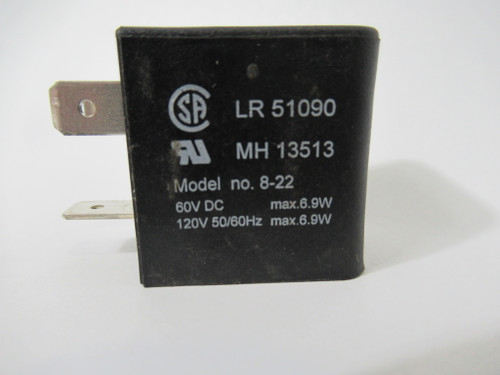 Aro 116-218-33 8-22 Solenoid Coil 60VDC 120V@50/60Hz 6.9W 8.5VA/6.9VA USED