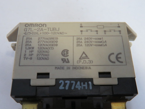 Omron G7L-2A-TUBJ General Purpose Relay 25A 100-120VAC 6 Blades USED
