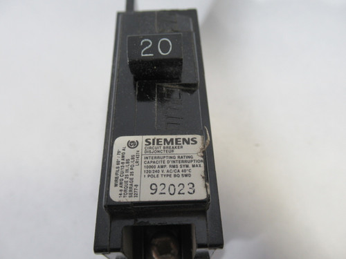 Siemens BQSWD120 Circuit Breaker 20A 120/240VAC 1Pole USED