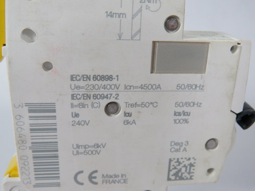 Schneider A9F64102 iC60H Circuit Breaker 2A 230/400VAC 1Pole 50/60Hz USED