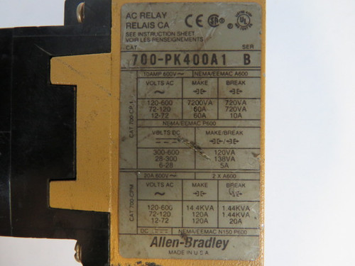 Allen-Bradley 700-PK400A1 AC Relay 115/120VAC 60Hz SER B USED