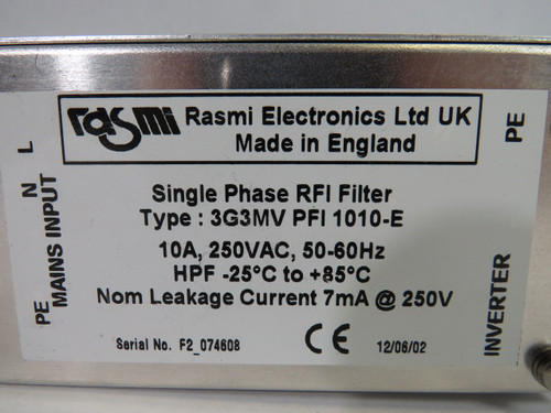 Rasmi Electronics LTD 3G3MV-PFI-1010-E Single Phase RFI Filter 250VAC USED