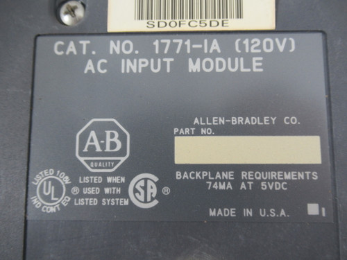 Allen-Bradley 1771-IA AC Input Module 120V Backplane 74mA@5VDC USED