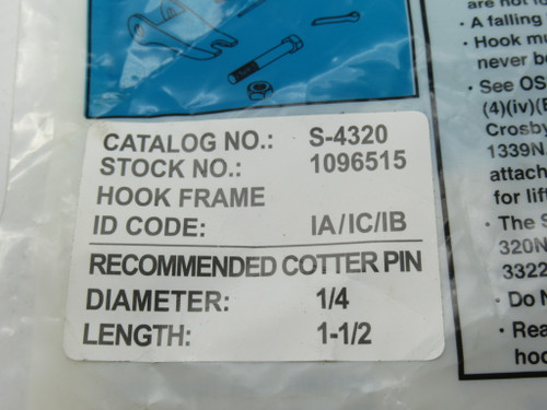 Crosby 1096515 S-4320 Hook Latch Kit NWB