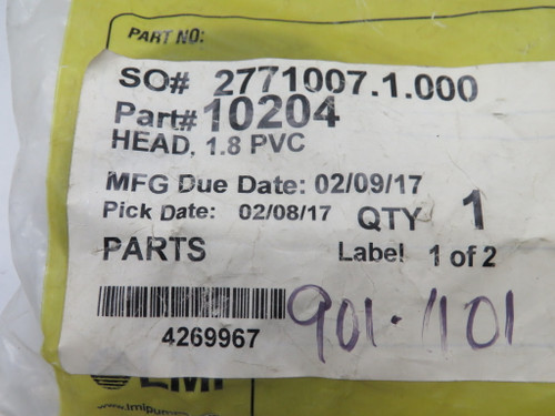 LMI 38589 10204 1.8 Machined PVC Pump Head WRITING/INVENTORY LABEL NWB