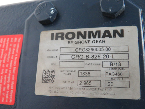 Iron Man Grove Gear GRG-B-826-20-L Right Angle Gear Reducer 20:1 1836IN-LBS NOP