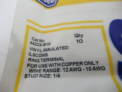 Ilsco 44223-B10 Yellow Vinyl Insulated Ring Terminal 1/4 Stud 12-10 AWG 10Pk NWB
