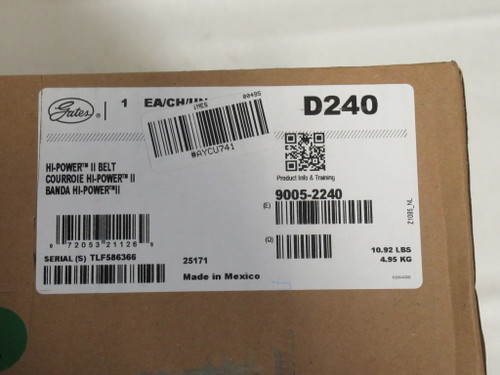 Gates 9005-2240 D240 Hi-Power II V-Belt 243"L 1.25"W .75"T SHELF WEAR/SEALED NEW