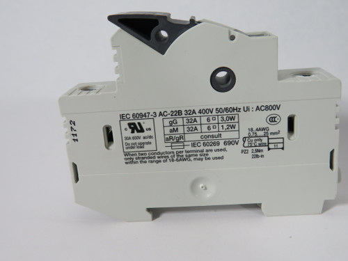 Italweber BCH1x38 2301038 Fuse Holder 32A 690V 800VAC 50/60Hz 1P USED