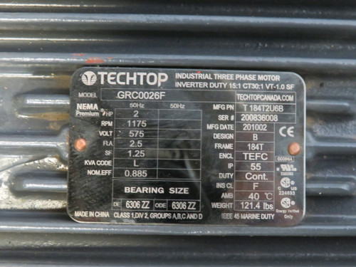 Techtop GRC0026F Motor 2HP 1175rpm 575V 184T TEFC 3Ph 2.5FLA 60Hz SHELF WEAR NOP