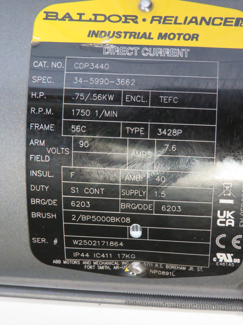 Baldor CDP3440 Motor .75HP .56kW 1750rpm 90V 56C TEFC 7.6A SHELF WEAR NOP